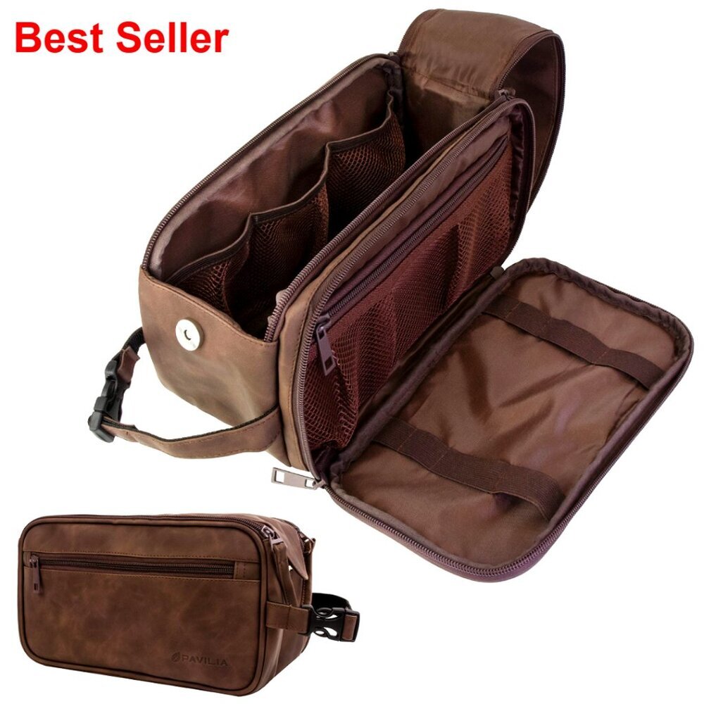 Large Water Resistant PU Leather Toiletry Travel Bag Dopp Kit Organizer